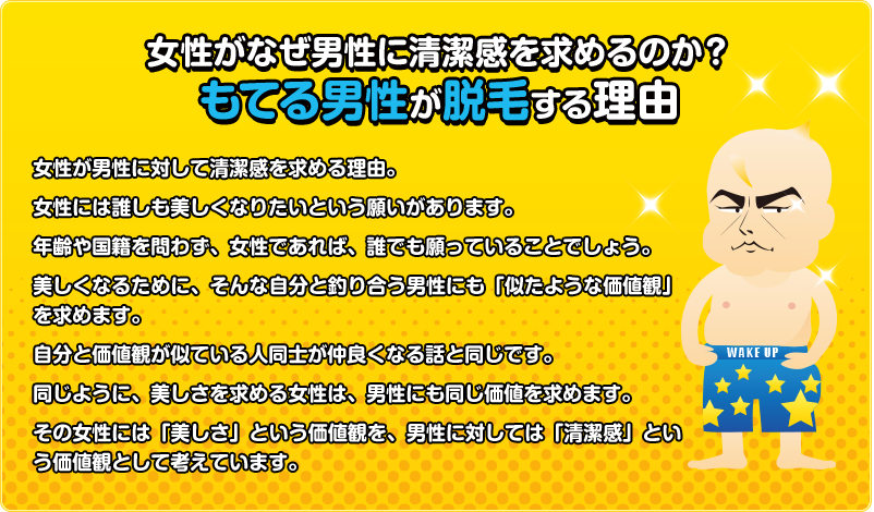 女性がなぜ男性に清潔感を求めるのか？もてる男性が脱毛する理由。女性が男性に対して清潔感を求める理由。女性には誰しも美しくなりたいという願いがあります。年齢や国籍を問わず、女性であれば、誰でも願っていることでしょう。美しくなるために、そんな自分と釣り合う男性にも「似たような価値観」を求めます。自分と価値観が似ている人同士が仲良くなれる話と同じです。同じように、美しさを求める女性は、男性にも同じ価値を求めます。その女性には「美しさ」という価値観を、男性に対しては「清潔感」という価値観として考えています。