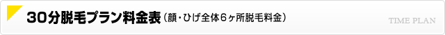 30分脱毛プラン料金表（顔・ひげ全体６ヶ所脱毛料金）